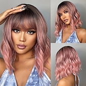 economico Parrucche trendy sintetiche-parrucca bob cosplay haircube con frangetta ramato/marrone scuro/rosa/verde/vino parrucche sintetiche per donne afroamericane parrucche naturali per feste di natale