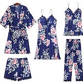 cheap Women&#039;s Sleepwear-Women&#039;s Lace Silk Satin Pajama Sets 5Pcs Cami Top Nightgown Lace Night Robe Sexy Sleepwear Robe Sets Nightdress With Chest Pads Home Outfits