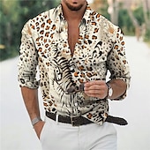 billige Dyremønster-Herre Dyr Leopard Skjorte Skjorte med knapper Langermet Mote Designer Fritid utendørs Feriereise Daglig Vår sommer Krage 3D-utskrift Knapp ned Beige