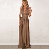 baratos Vestidos para Madrinhas-vestido de dama de honra linha a decote halter / decote em v sem mangas conversível infinito comprimento do chão elastano com faixa / fita / pregas vestido para impressionar 2025
