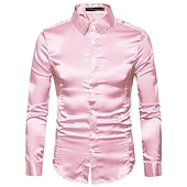 cheap Men&#039;s Satin Shirts-Men&#039;s Dress Shirt Collared Shirt Button Up Shirt Prom Shirt Satin Silk Shirt Plain Wedding Party Navy Black White Yellow Long Sleeve Collar Clothing Apparel