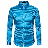 cheap Men&#039;s Satin Shirts-Men&#039;s Dress Shirt Collared Shirt Button Up Shirt Prom Shirt Satin Silk Shirt Plain Wedding Party Navy Black White Yellow Long Sleeve Collar Clothing Apparel