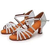 abordables Chaussures de danses latines-Chaussures de danse latine argentées et scintillantes pour femmes, sandales de danse à talons hauts et brides croisées avec semelle en daim pour la salsa latine