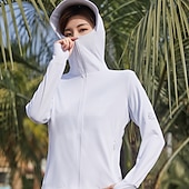 preiswerte Wasserdichte Jacken-Frauen UPF 50+ UV-Sonnenschutz Kapuzenpullover mit Reißverschluss Langarm Angeln Laufen Wanderjacke Sommer Außenbelüftung UV-beständig Frontreißverschluss Dehnbare Jacke Klettern Strand Camping