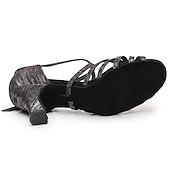 abordables Chaussures de danses latines-Chaussures de danse latine argentées et scintillantes pour femmes, sandales de danse à talons hauts et brides croisées avec semelle en daim pour la salsa latine