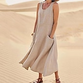 abordables Vestidos para el trabajo-vestido casual de mujer vestido de algodón vestido de cambio vestido midi azul rosa caqui sin mangas color puro bolsillo primavera verano cuello redondo básico diario vacaciones fin de semana ajuste suelto 2023 s m l xl xxl