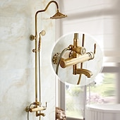 cheap Shower Faucets-Shower Faucet,Rainfall Shower System Body Jet Massage Set - Handshower Included pullout Rainfall Shower Antique Vintage Style Antique Brass Mount Inside Brass Valve Bath Shower Mixer Taps