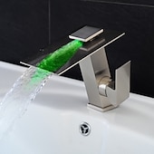 cheap LED Faucets-Bathroom Faucet LED Waterfall Spout 3 Color Changes with Temperature, Sink Mixer Mono Basin Taps, Single Handle One Hole Brass Washroom Vessel Tap Deck Mounted