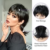 tanie Peruki syntetyczne modne-peruki w stylu pixie dla kobiet krótka czarna peruka strrid kudłaty warstwowa peruka z cefal z lat 80-tych peruka z grzywką kręcone syntetyczne naturalne włosy zastępcze peruka dla białych kobiet