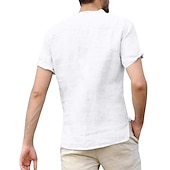 cheap Classic-Men&#039;s Linen Shirt Band Collar Shirt Summer Shirt Beach Wear Casual Shirt Solid Color Outdoor Street Black White Light Green Blue Short Sleeve Henley Summer Spring Clothing Apparel Button-Down