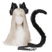 お買い得  ヘアスタイリングアクセサリー-猫耳と尻尾のスーツ、動物アニメフェイクファー子猫耳ヘッドバンド、かわいい猫フェイクファーぬいぐるみヘッドドレスヘアフープロリータカーニバルコスプレ衣装パーティーヘッドピース