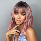 voordelige Synthetische trendy pruiken-synthetische pruik natuurlijk recht met pony pruik 16 inch ombre bruin synthetisch haar vrouwen natuurlijke mode pluizig bruin
