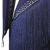 preiswerte Kleidung für lateinamerikanische Tänze-Tanz-Salsa-Latin-Tanzkleid mit Fransen, Quasten, Kristallen/Strasssteinen, Damen, Performance-Training, lange Ärmel, Chinlon