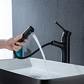 voordelige Klassiek-wastafelmengkraan voor de badkamer, uittrekbaar met 2-standen sproeier, uittrekbare wastafelkranen met enkele handgreep, op het blad gemonteerd