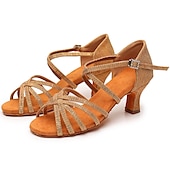 abordables Chaussures de danses latines-Chaussures de danse latine argentées et scintillantes pour femmes, sandales de danse à talons hauts et brides croisées avec semelle en daim pour la salsa latine