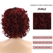 economico Parrucche di altissima qualità-parrucche corte ricci bordeaux per le donne nere ombre vino rosso parrucche piene ricci parrucche sintetiche di capelli corti bordeaux dall&#039;aspetto naturale