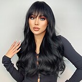economico Parrucche trendy sintetiche-parrucche sintetiche lunghe nere per le donne parrucca ondulata di capelli naturali con frangia parrucca di capelli neri resistente al calore cosplay 26 pollici parrucche per feste di natale
