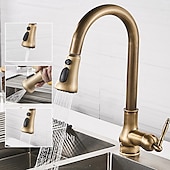 abordables Robinets de cuisine-Robinet de cuisine avec pulvérisateur, extractible en laiton antique, mode de sortie à 3 fonctions, poignée unique, évier à un trou, robinets de cuisine avec distributeur de savon ou vidange