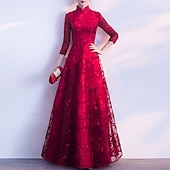 baratos Vestidos de Festa-Vestido de Gala em A Vestido Vintage Convidada de Casamento Prom Longo Comprimento Manga 3/4 Gola Alta Tule com Pregas Apliques