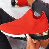 abordables Zapatillas de mujer-Zapatillas blancas de punto sin cordones para mujer: zapatos para caminar ligeros y transpirables con detalle dorado en el talón para uso casual, viajes y fitness.