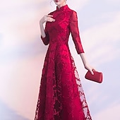 baratos Vestidos de Festa-Vestido de Gala em A Vestido Vintage Convidada de Casamento Prom Longo Comprimento Manga 3/4 Gola Alta Tule com Pregas Apliques