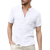 cheap Classic-Men&#039;s Linen Shirt Band Collar Shirt Summer Shirt Beach Wear Casual Shirt Solid Color Outdoor Street Black White Light Green Blue Short Sleeve Henley Summer Spring Clothing Apparel Button-Down