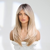 tanie Peruki syntetyczne modne-peruka syntetyczna prosta z grzywką peruka średniej długości a1 włosy syntetyczne damskie na imprezę cosplay moda blond peruki na przyjęcie bożonarodzeniowe