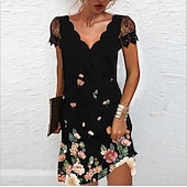 preiswerte Kleider für die Arbeit-Damen Midikleid Casual kleid Etuikleid Elegant Modisch Basic Spitzenärmel Urlaub Täglich Festtage Regular Fit Blumen Kurzarm V Ausschnitt Gezackter Hals Schwarz Regenbogen Sommer Frühling
