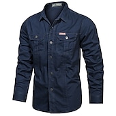 preiswerte Arbeitshemden für Herren-Herren Knopfhemd Hemd Cargo-Shirt Schwarz Weiß Armeegrün Khaki Dunkelblau Langarm Feste Farbe Umlegekragen Strasse Täglich Vordertasche Bekleidung Baumwolle Modisch Brautkleider schlicht Komfortabel