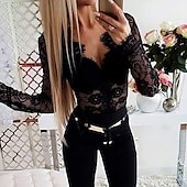 billige Sexy topper for kvinner-Dame Skjorte Går ut topper Body Bluse Svart عادي Blonde Langermet Fest Helg Sexy V-hals Normal S