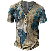 ieftine Vintage&amp;amp;Retro-Bărbați Hartă Imprimeu Grafic Tricou Cămașă Henley Manșon scurt Tipărire 3D Epocă Sport Modă În aer liber Stradă Zilnic Vară Albastru piscină Trifoi Curcubeu Albastru Deschis Henley Tricou Henley