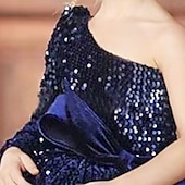 cheap Flower Girl Dresses-Kids Girls&#039; Dress One Shoulder Sequins A Line Dress Party Birthday Ruched Mesh Navy Blue Above Knee Short Sleeve Princess Cute Dresses Fall Summer Regular Fit 3-12 Years dress to impress 2025
