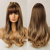 economico Parrucche trendy sintetiche-parrucche bionde con frangia parrucche bionde ondulate per donna capelli biondi chiari naturali morbidi parrucca con frangia fibra resistente al calore parrucca di capelli sintetici parrucche per
