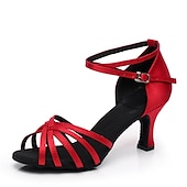 economico Scarpe per balli latini-scarpe da ballo latino in raso rosso da donna – tacchi da sala da ballo con cinturino e suola in pelle scamosciata per salsa e performance