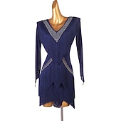 preiswerte Kleidung für lateinamerikanische Tänze-Tanz-Salsa-Latin-Tanzkleid mit Fransen, Quasten, Kristallen/Strasssteinen, Damen, Performance-Training, lange Ärmel, Chinlon