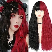 voordelige Synthetische trendy pruiken-zwarte tot rode pruik vrouwen lange golvende pruik kant kleur synthetische hittebestendige pruik voor dagelijks party kostuum halloween kerstfeest pruiken