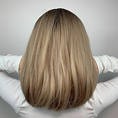 voordelige Synthetische trendy pruiken-synthetische pruik natuurlijk recht met pony pruik 16 inch ombre bruin synthetisch haar vrouwen natuurlijke mode pluizig bruin