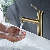 voordelige Klassiek-wastafelmengkraan voor de badkamer, uittrekbaar met 2-standen sproeier, uittrekbare wastafelkranen met enkele handgreep, op het blad gemonteerd