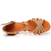 abordables Chaussures de danses latines-Chaussures de danse latine argentées et scintillantes pour femmes, sandales de danse à talons hauts et brides croisées avec semelle en daim pour la salsa latine