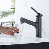 voordelige Klassiek-wastafelmengkraan voor de badkamer, uittrekbaar met 2-standen sproeier, uittrekbare wastafelkranen met enkele handgreep, op het blad gemonteerd