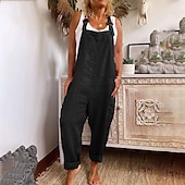 cheap Casual Jumpsuits-Women&#039;s Jumpsuits Casual Bib Utility Rompers Side Pockets Full Length Pants Weekend Inelastic Plain Faux Linen Comfort Mid Waist Green Black Red S M L XL XXL Summer Fall Dungarees