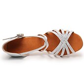 abordables Chaussures de danses latines-Chaussures de danse latine argentées et scintillantes pour femmes, sandales de danse à talons hauts et brides croisées avec semelle en daim pour la salsa latine