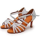 abordables Chaussures de danses latines-Chaussures de danse latine argentées et scintillantes pour femmes, sandales de danse à talons hauts et brides croisées avec semelle en daim pour la salsa latine