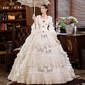 preiswerte Kleider-Rokoko Viktorianisch Vintage inspiriert Bodenlang Kleid Partykostüm Maskerade Trompetenärmel Prinzessin Shakespeare Braut Einfarbig Ballkleid Quadrathals Kostüm Damen Weihnachten Karneval Maskerade