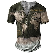 ieftine Vintage&amp;amp;Retro-Bărbați Hartă Imprimeu Grafic Tricou Cămașă Henley Manșon scurt Tipărire 3D Epocă Sport Modă În aer liber Stradă Zilnic Vară Albastru piscină Trifoi Curcubeu Albastru Deschis Henley Tricou Henley