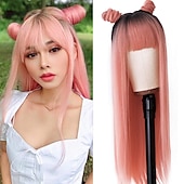 abordables Perruques Synthétiques Sans Bonnet-vert perruque cheveux raides perruque avec air frange machine perruque racine profonde gradient vert 2 couleurs longue fibre résistante à la chaleur cheveux synthétiques colle libre 24 pouces