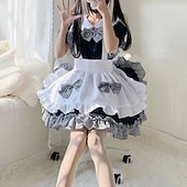 baratos Vestidos Lolita-Lolita Doce lolita Tamanhos Grandes Lolita Casual Vestidos Ternos de Empregadas Mulheres Japanês Trajes de cosplay Preto Côr Sólida Manga Curta / Avental / Avental