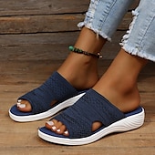 ieftine Sandale confortabile-sandale cu slip-on din tricot bleumarin pentru damă, cu talpă confortabilă - papuci casual cu vârf deschis pentru vară