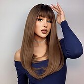 voordelige Synthetische trendy pruiken-synthetische pruik natuurlijk recht met pony pruik 16 inch ombre bruin synthetisch haar vrouwen natuurlijke mode pluizig bruin