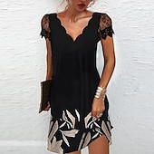preiswerte Kleider für die Arbeit-Damen Midikleid Casual kleid Etuikleid Elegant Modisch Basic Spitzenärmel Urlaub Täglich Festtage Regular Fit Blumen Kurzarm V Ausschnitt Gezackter Hals Schwarz Regenbogen Sommer Frühling